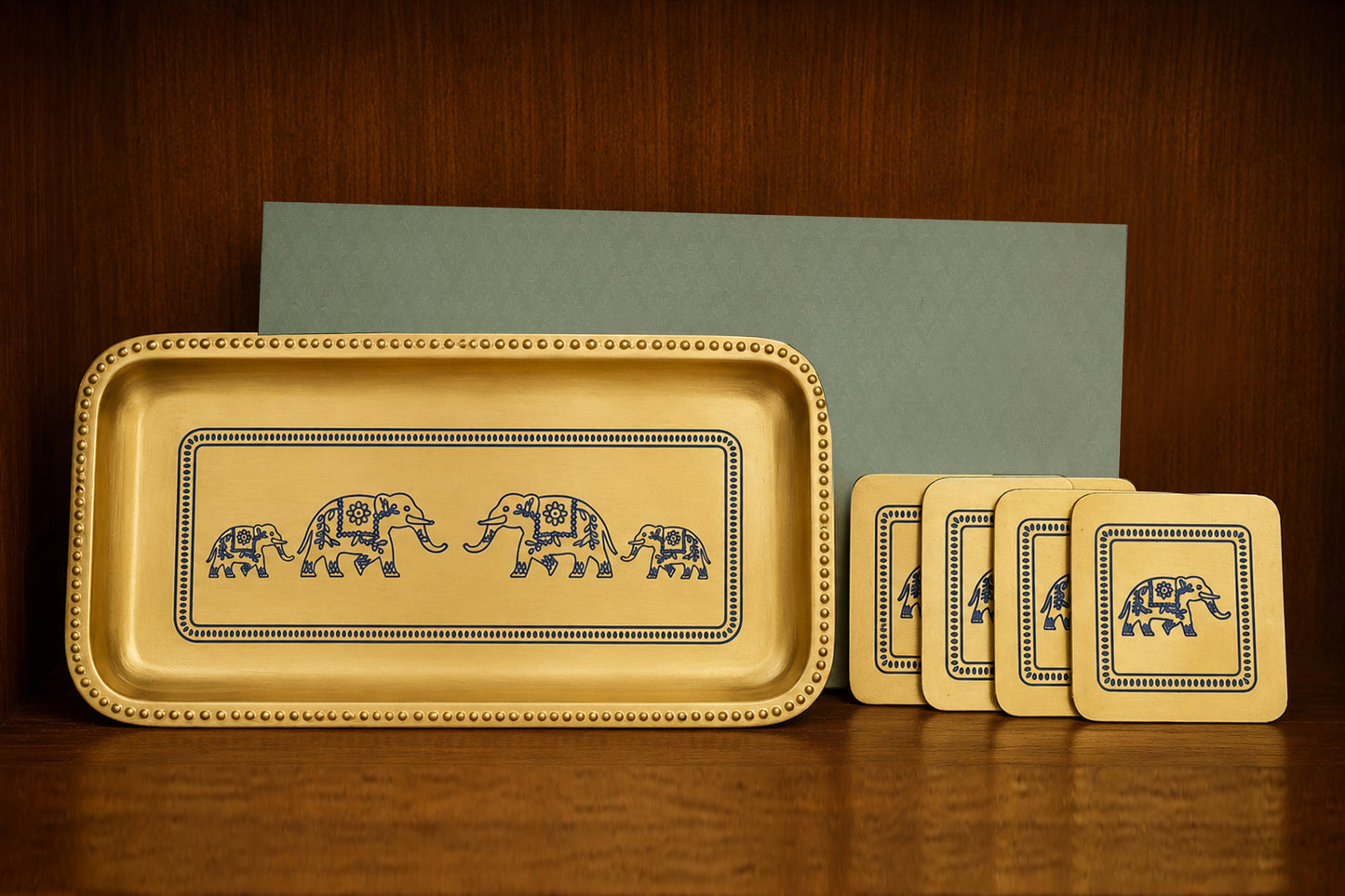 Brass Elephant Tray & Set of 4 coasters in a Gift Box (Blue)