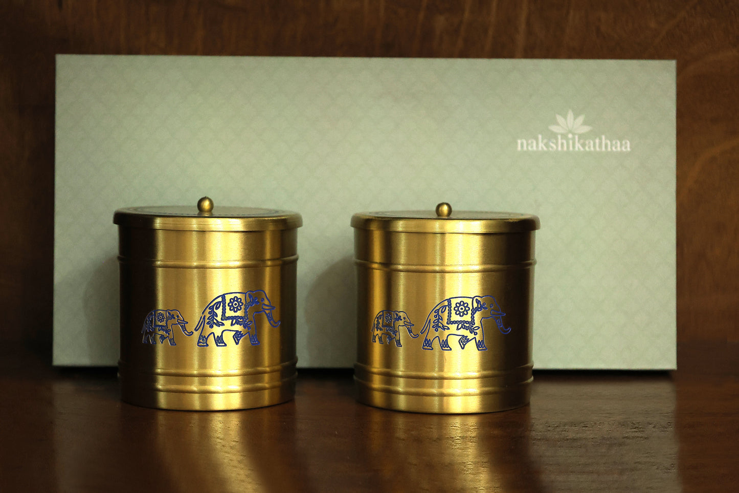 Brass Elephant Jar Set of 2 in a Gift Box (Blue)