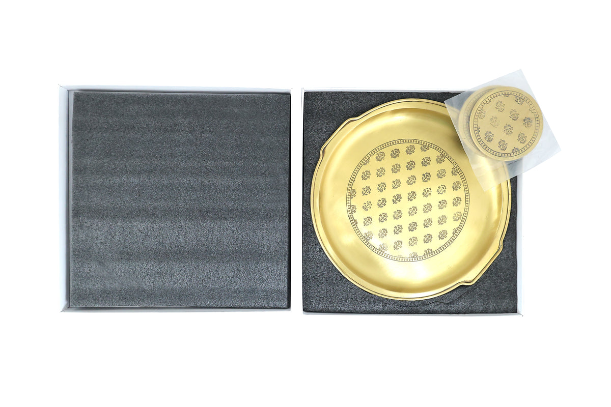 Mogra Brass Round Tray with Set of 2 Coasters in a Gift Box (Gold & Antique)