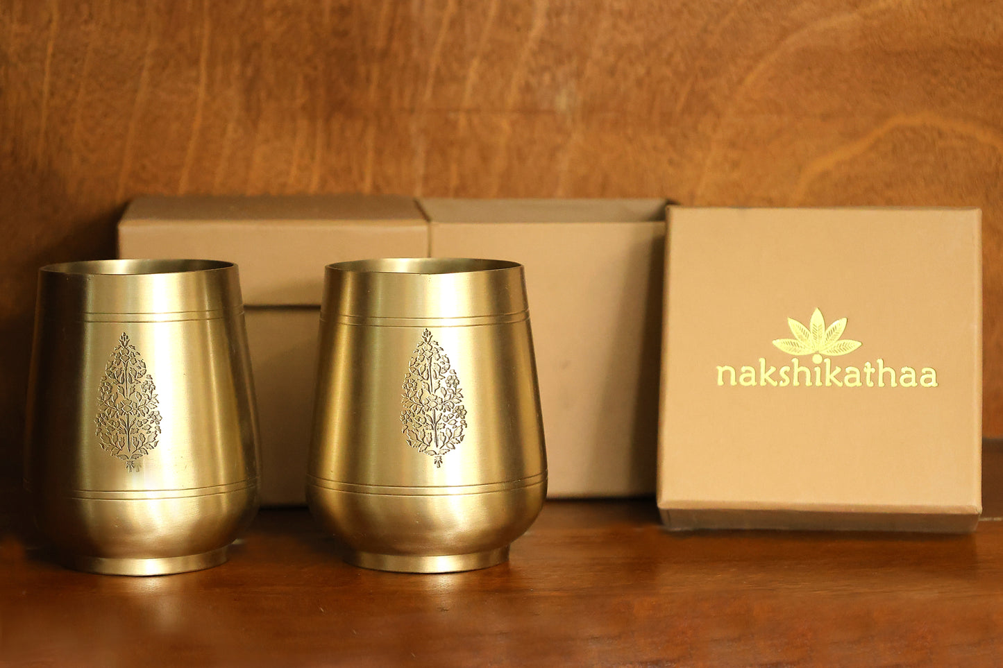 Chinar Kansa Drop Shaped Glass with Gift Box - Set of 2 (Gold)