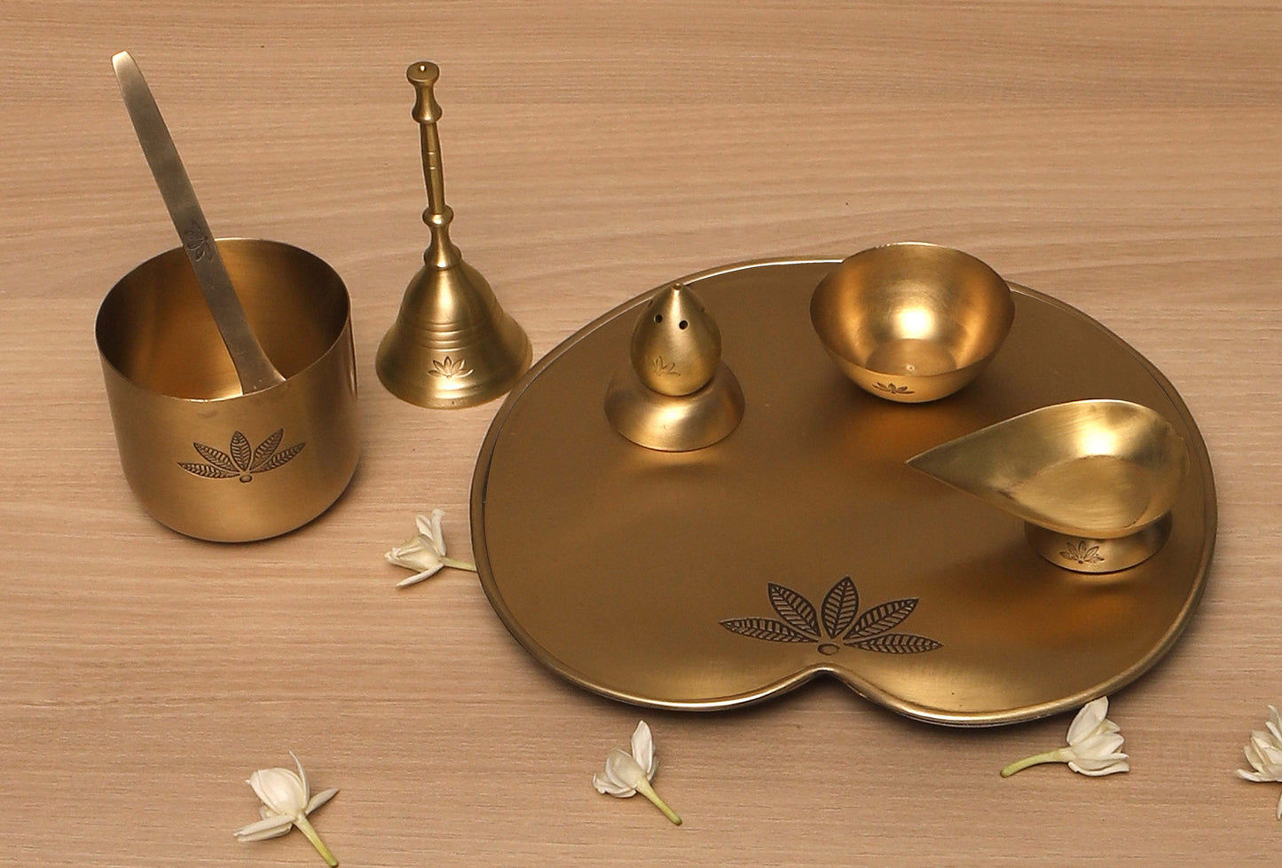 Nakshikathaa Lotus Brass Pooja Thaali Set (Gold & Antique)