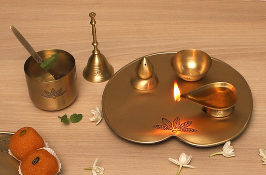 Nakshikathaa Lotus Brass Pooja Thaali Set (Gold & Antique)