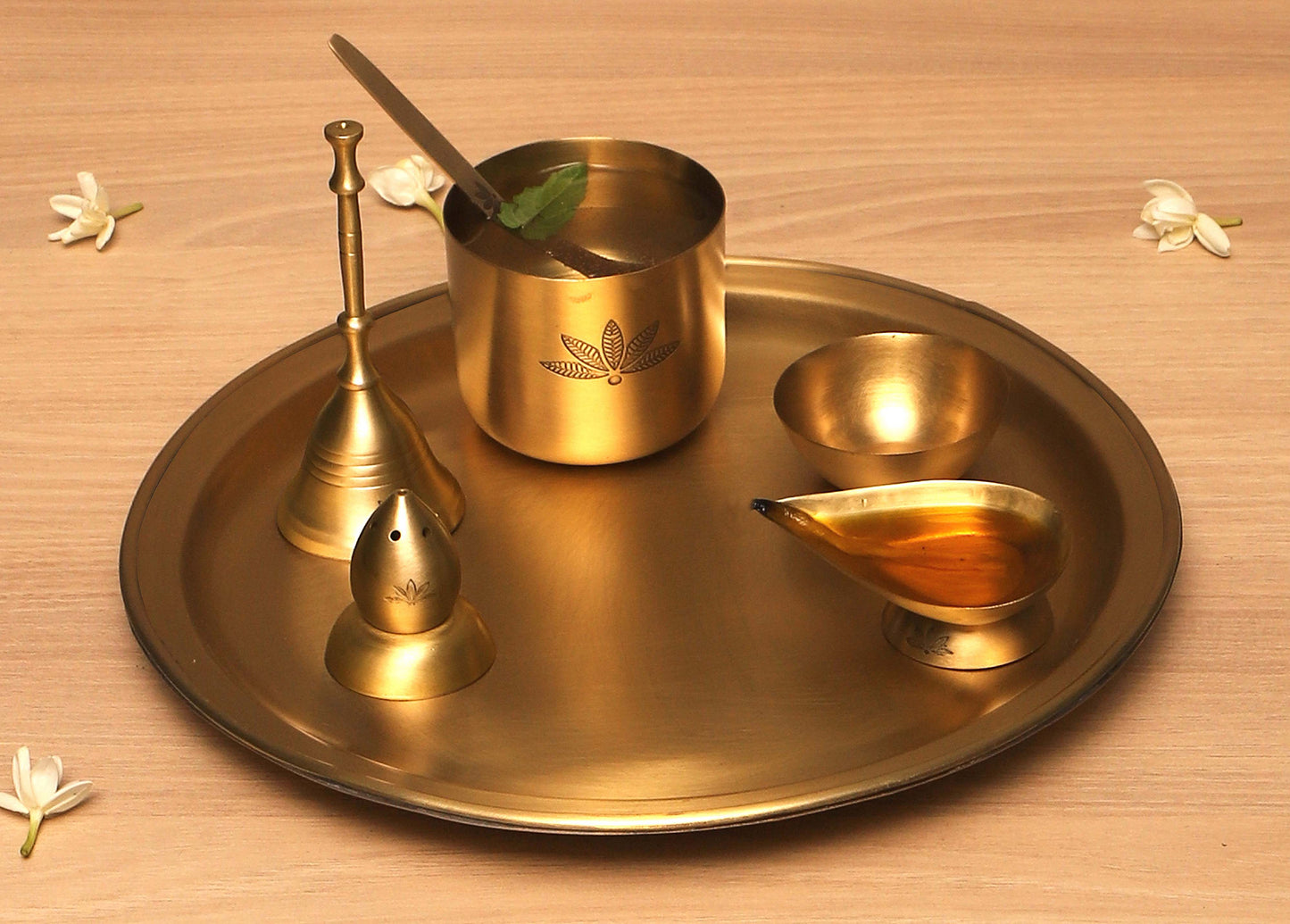 Nakshikathaa Round Brass Pooja Thaali Set (Gold & Antique)