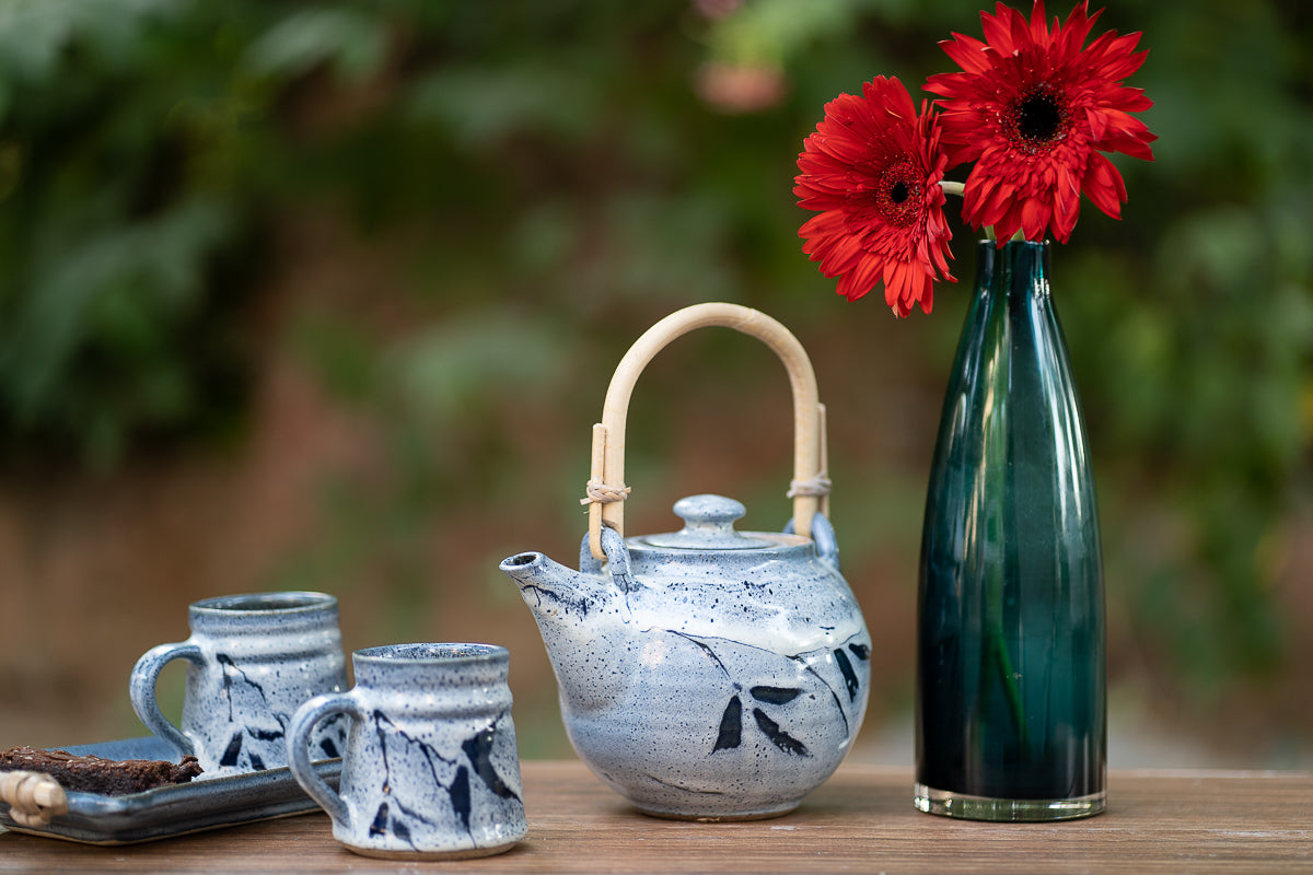 Studio Pottery Teapot with Cane Handle (Blue)