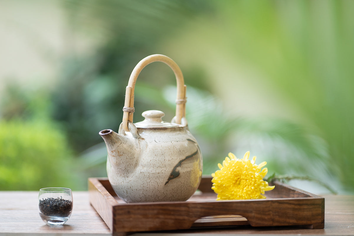 Studio Pottery Teapot with Cane Handle (Off White & Brown)