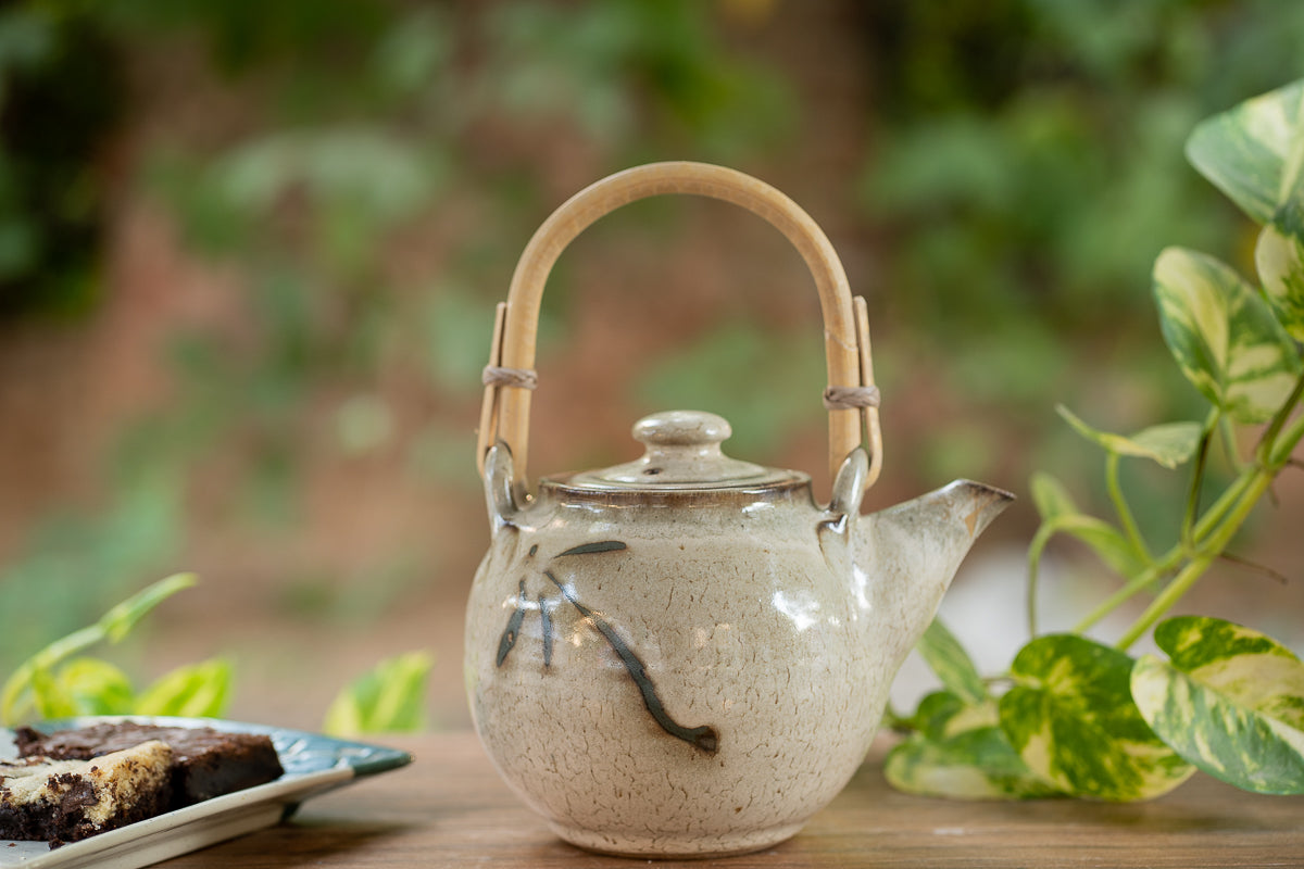 Studio Pottery Teapot with Cane Handle (Off White & Brown)