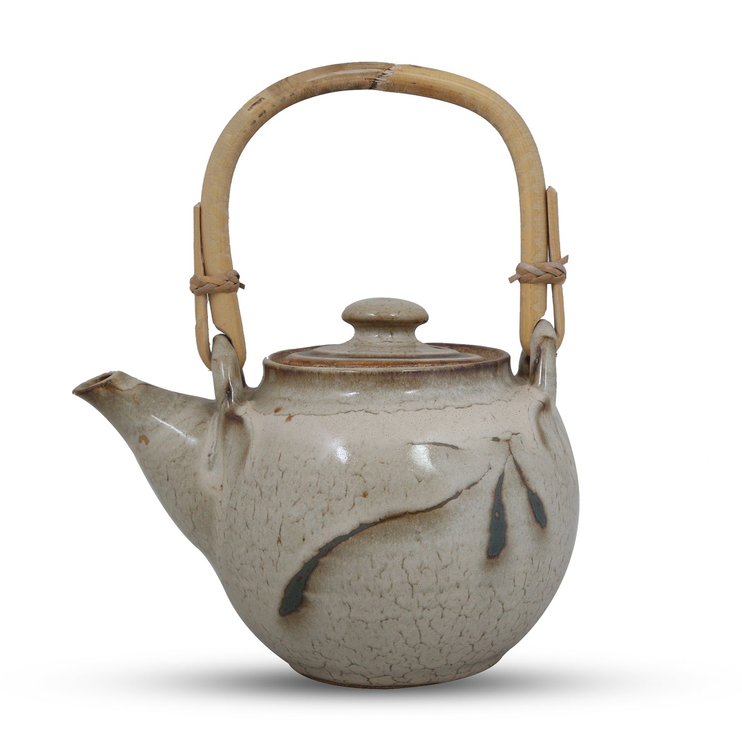 Studio Pottery Teapot with Cane Handle (Off White & Brown)