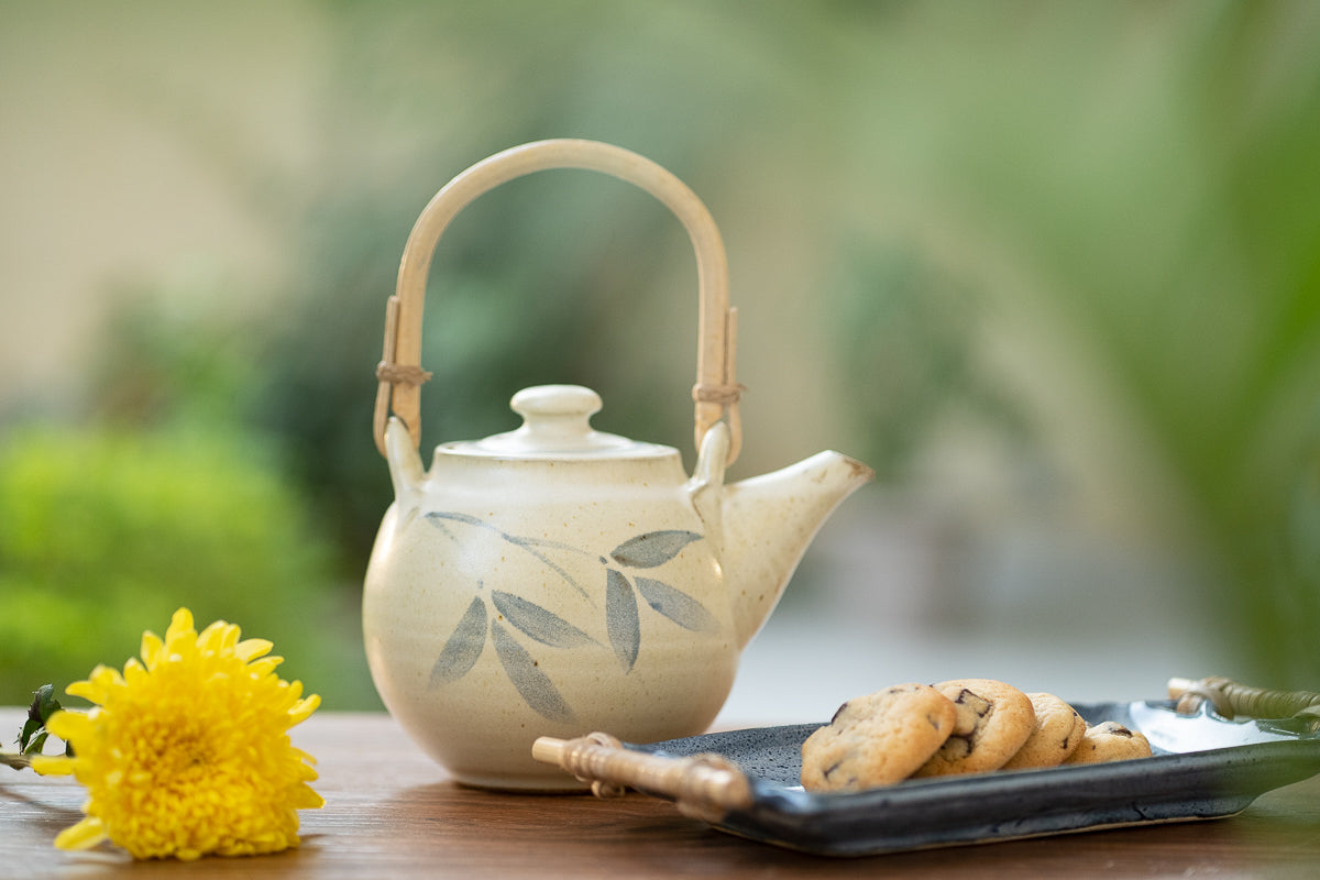 Studio Pottery Teapot with Cane Handle (White & Blue)