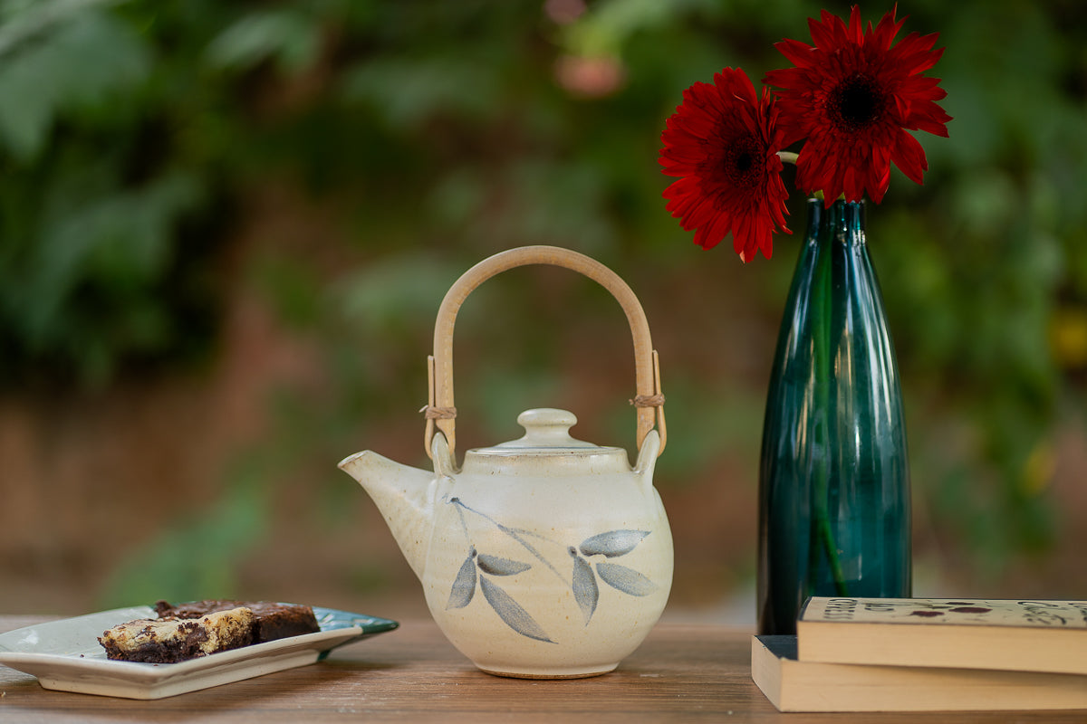 Studio Pottery Teapot with Cane Handle (White & Blue)