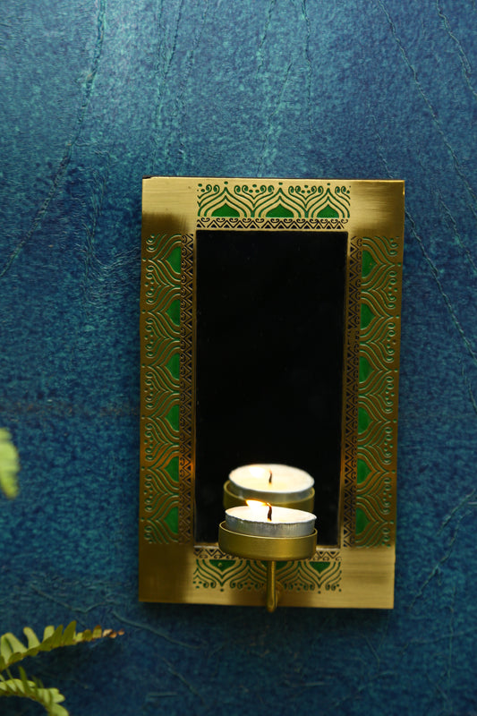Utsav Brass Wall Sconce with Mirror & Tea Light holder (Green)