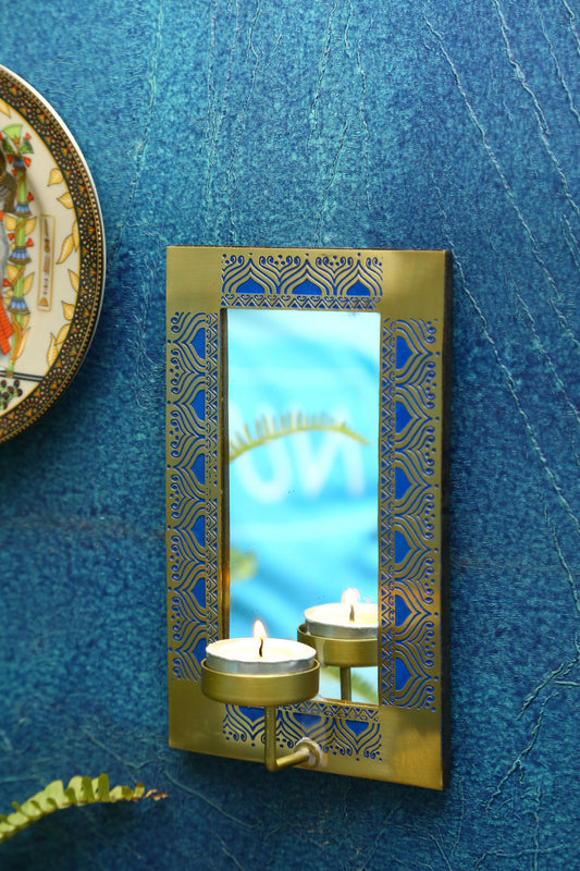 Utsav Brass Wall Sconce with Mirror & Tea Light holder (Blue)
