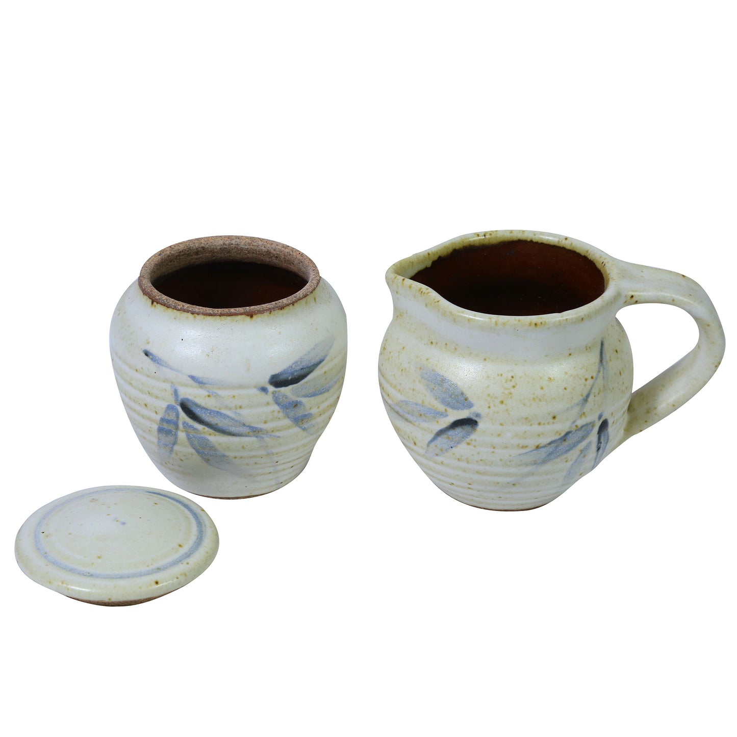 Studio Pottery Sugar Pot and Milk Jug Set (White & Blue)